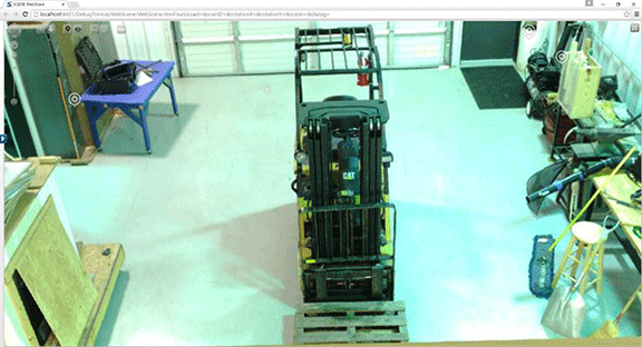 Figure 2: A Webshare photograph from a scan captured from the safety of a balcony in the workshop. The scanner operator never had to climb directly above the forklift to create the shot in Figure 1. The Webshare user can pan, zoom, and measure from the photograph. The grey target icons represent other scan locations on the ground.