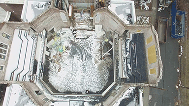 Figure 3. Aerial Birdseye image from a drone of a fire damaged building after the collapsed roof was removed.